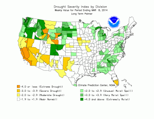 The Palmer Drought Severity Index measures primarily meteorological drought (precipitation versus normal).