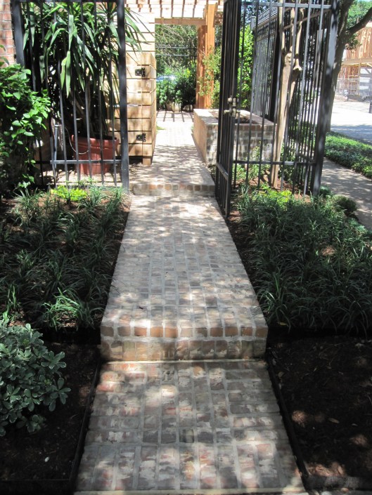 Brick path in shady front garden.
