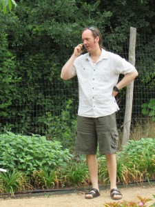 Shawn is always on the job even while we were away in Austin. 